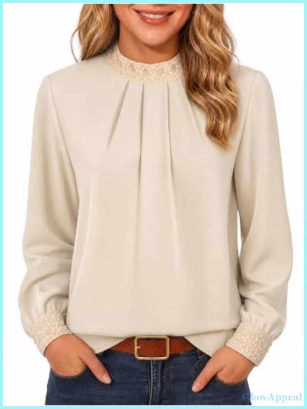 Women Long Sleeve Lace Mock Neck Blouse Pleated Dressy Casual Top